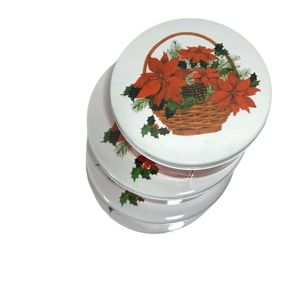 Vintage 90's Home Beautiful 4pc Nested Christmas‎ Holiday Poinsettia Cookie Tins
